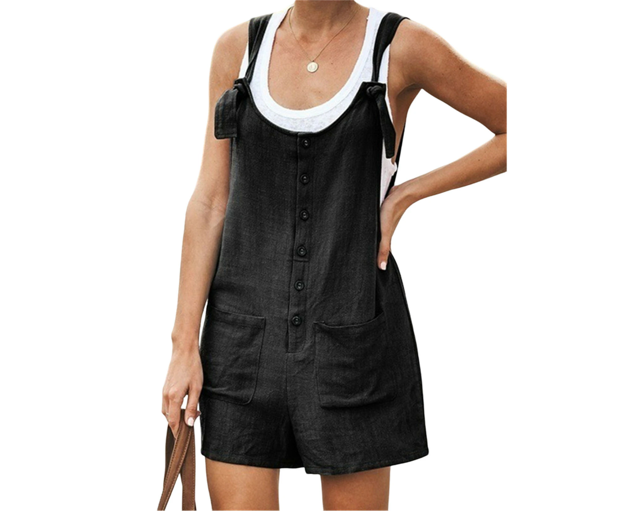 ASKSA Women's Short Jumpsuit Summer Playsuit Solid Color Short Romper Shorts Overalls with Pockets Adjustable Straps - Black