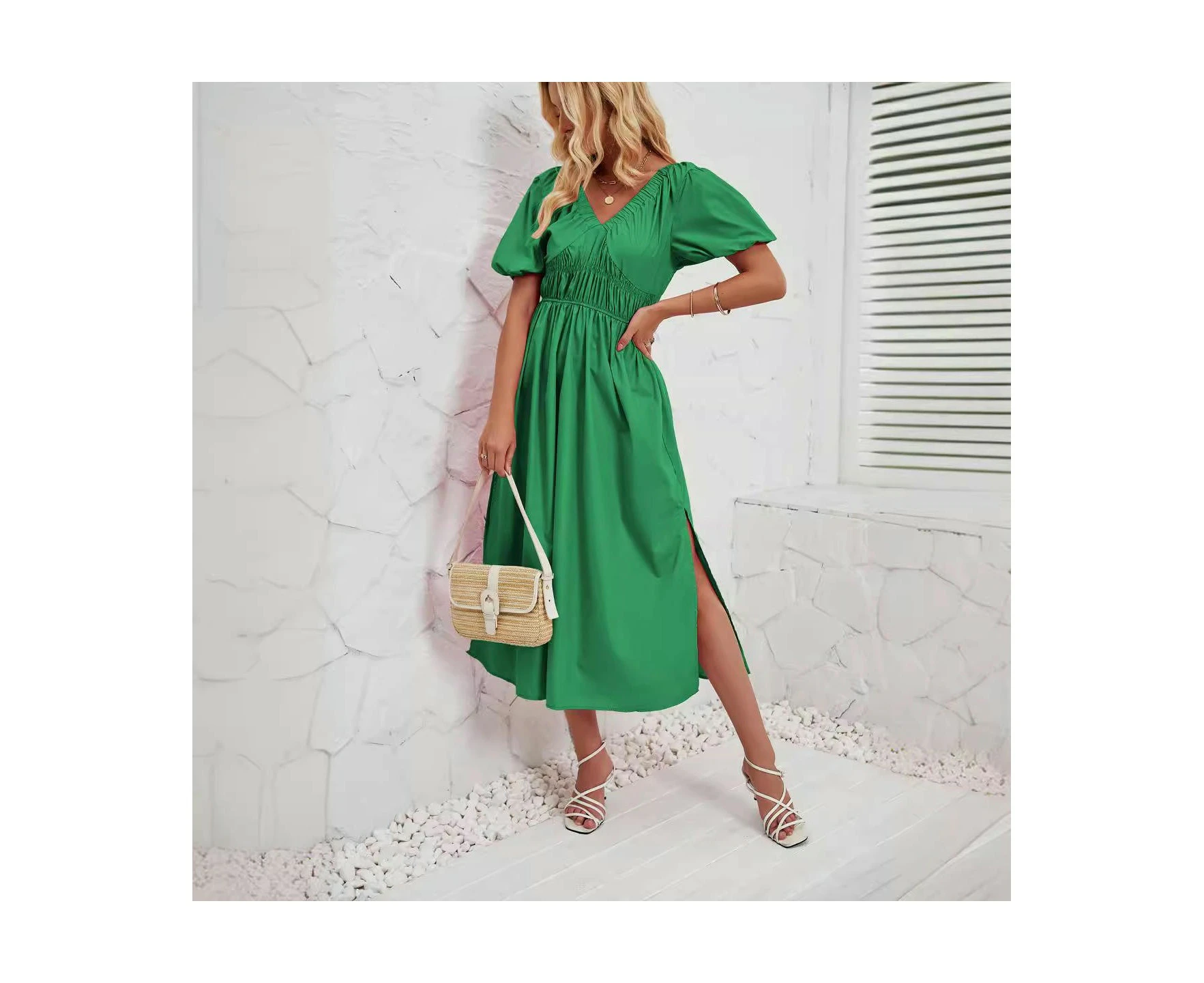 Women's Summer Short Sleeve V Neck Smocked Boho Flowy Maxi Dress-green