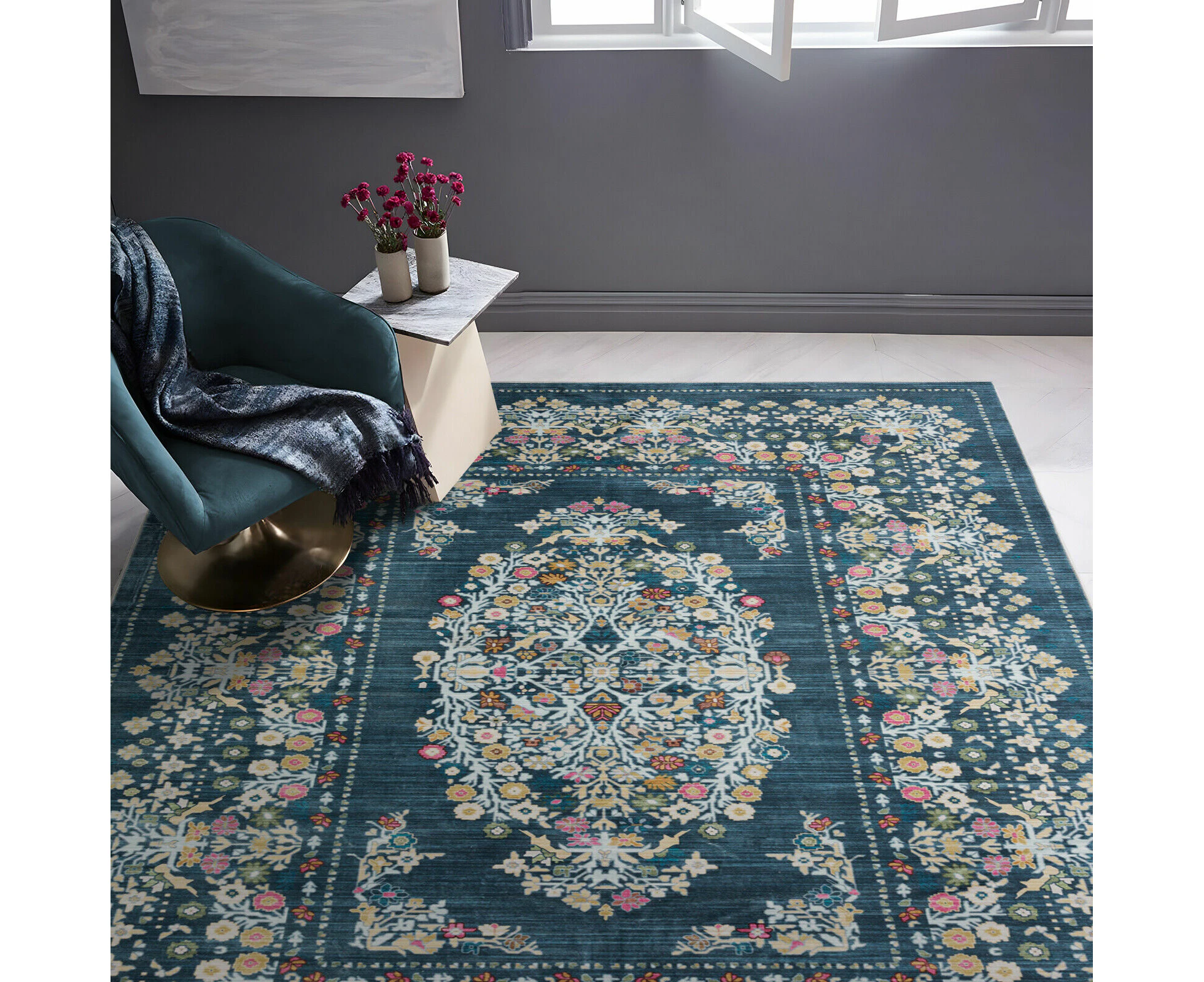 Stylish Coffee Table Rug Teal Turquoise Retro Machine Washable Carpet 120x170cm