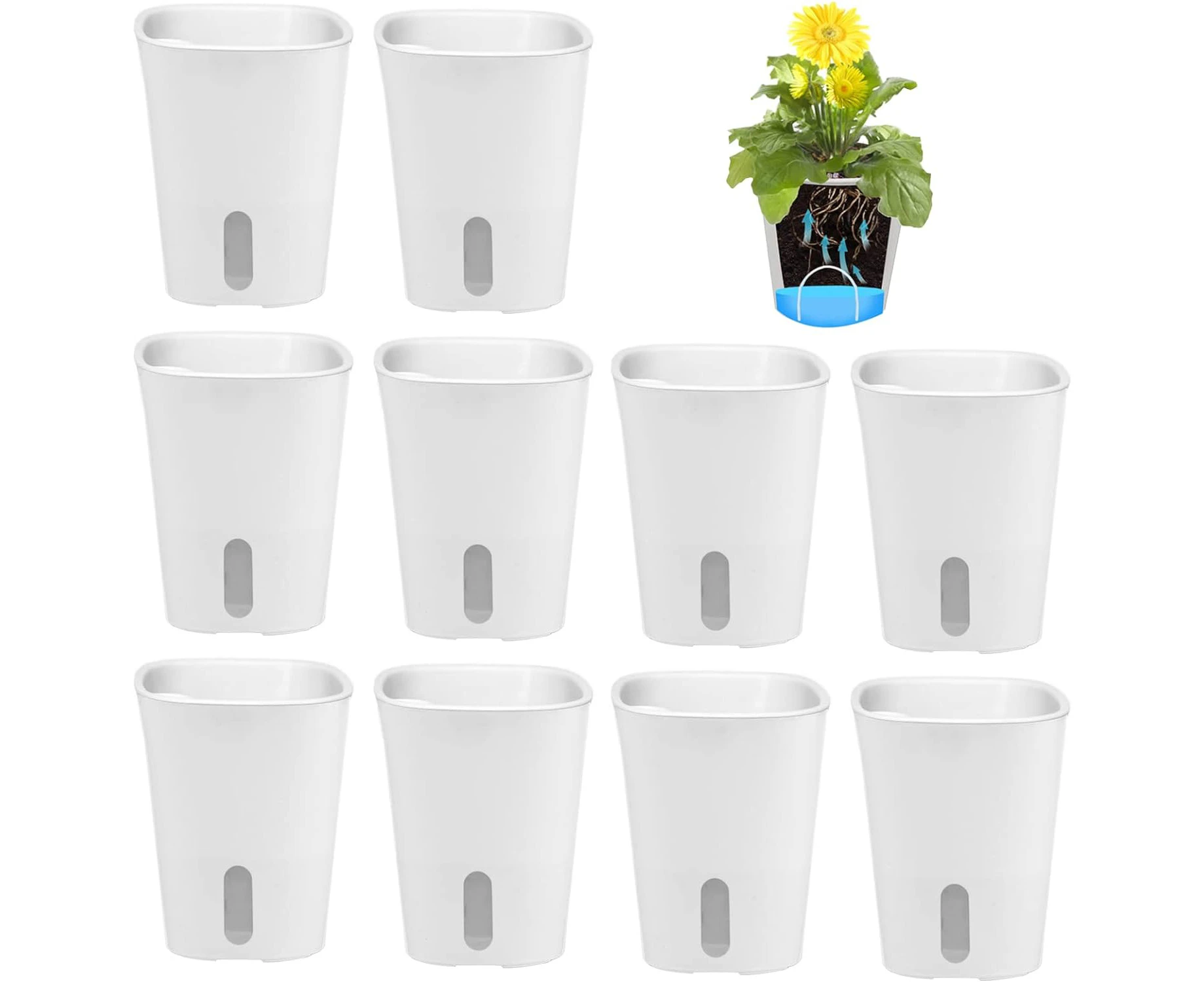 GDWD Set of 10 Self-Watering Flower Pots, Self-Watering Pot with Water Level Indicator, Watering Pot, Herb Pot, Watering System for Indoor and Outdoor Use