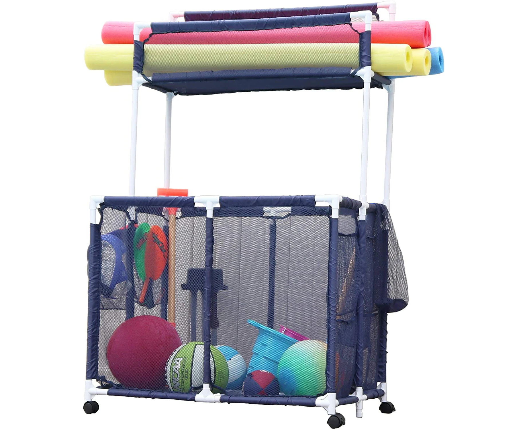 Essentially Yours Pool Noodles Holder, Toys, Floats, Balls and Floats Equipment Mesh Rolling Double Decker Multi Use Storage Organizer Bin, XXL, (35.3" W x