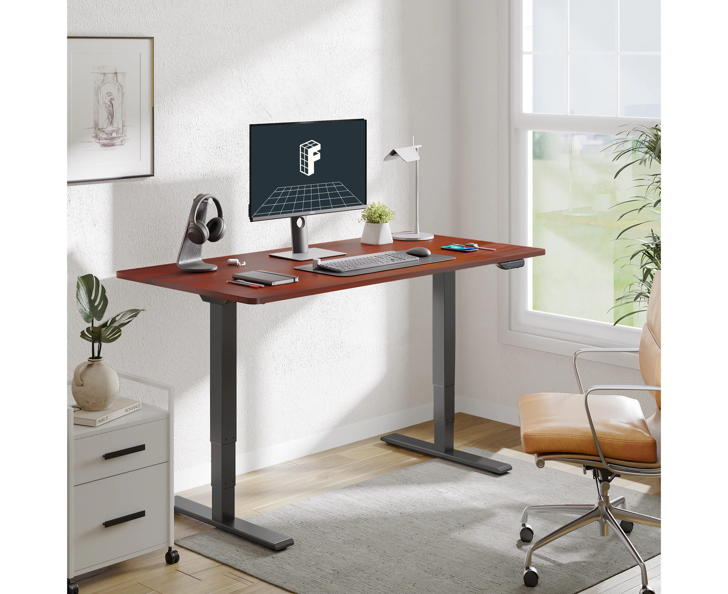 FLEXISPOT E5 3 Stages Standing Desk Black Frame With 120*60cm Mahogany Desktop