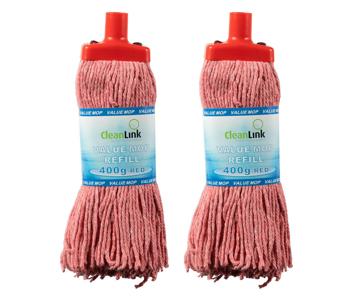 2x Cleanlink 400g Fibre Mop Head Replacement/Refill Home/ Commercial Cleaner Red