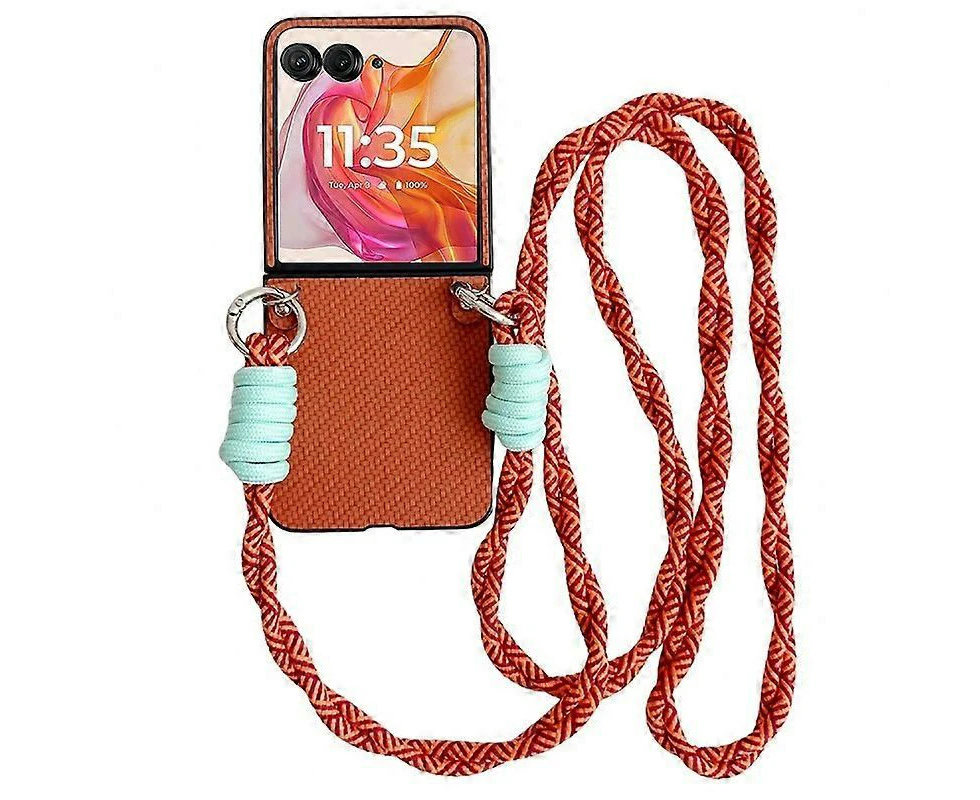 (Brown)Woven Texture Lanyard Phone Case For Motorola Razr 50 Ultra