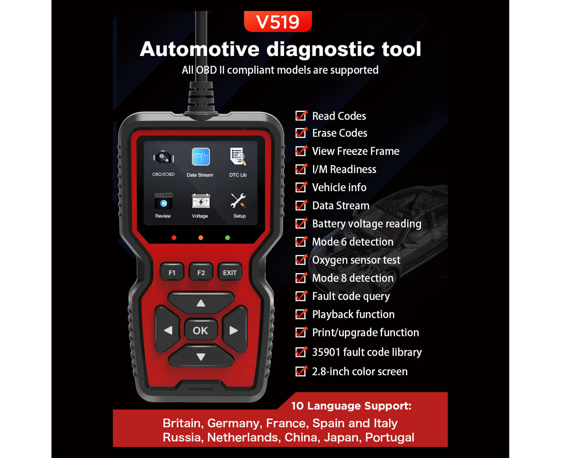 V519 OBDII Diagnostic Vehicle Code Reader Upgraged Support Printing Functions for All OBD II Protocol Cars Since 1996