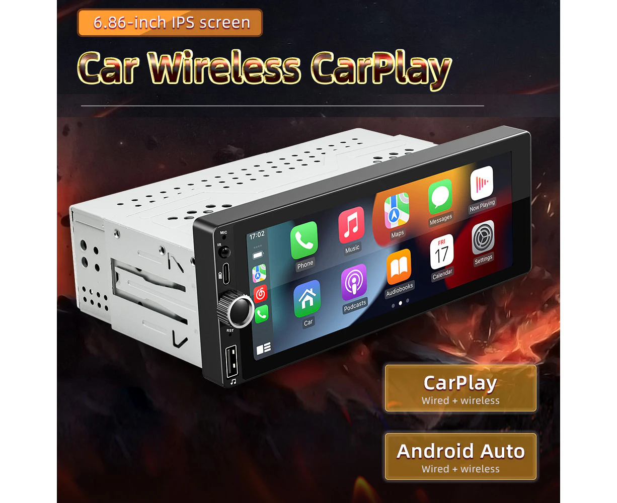 Android 13 Car Stereo Single-Din GPS Navigation with 6.86 Inch Touchscreen Carplay Android Auto Support WiFi/BT Connection RDS Radio Mirror Phone Link Reve