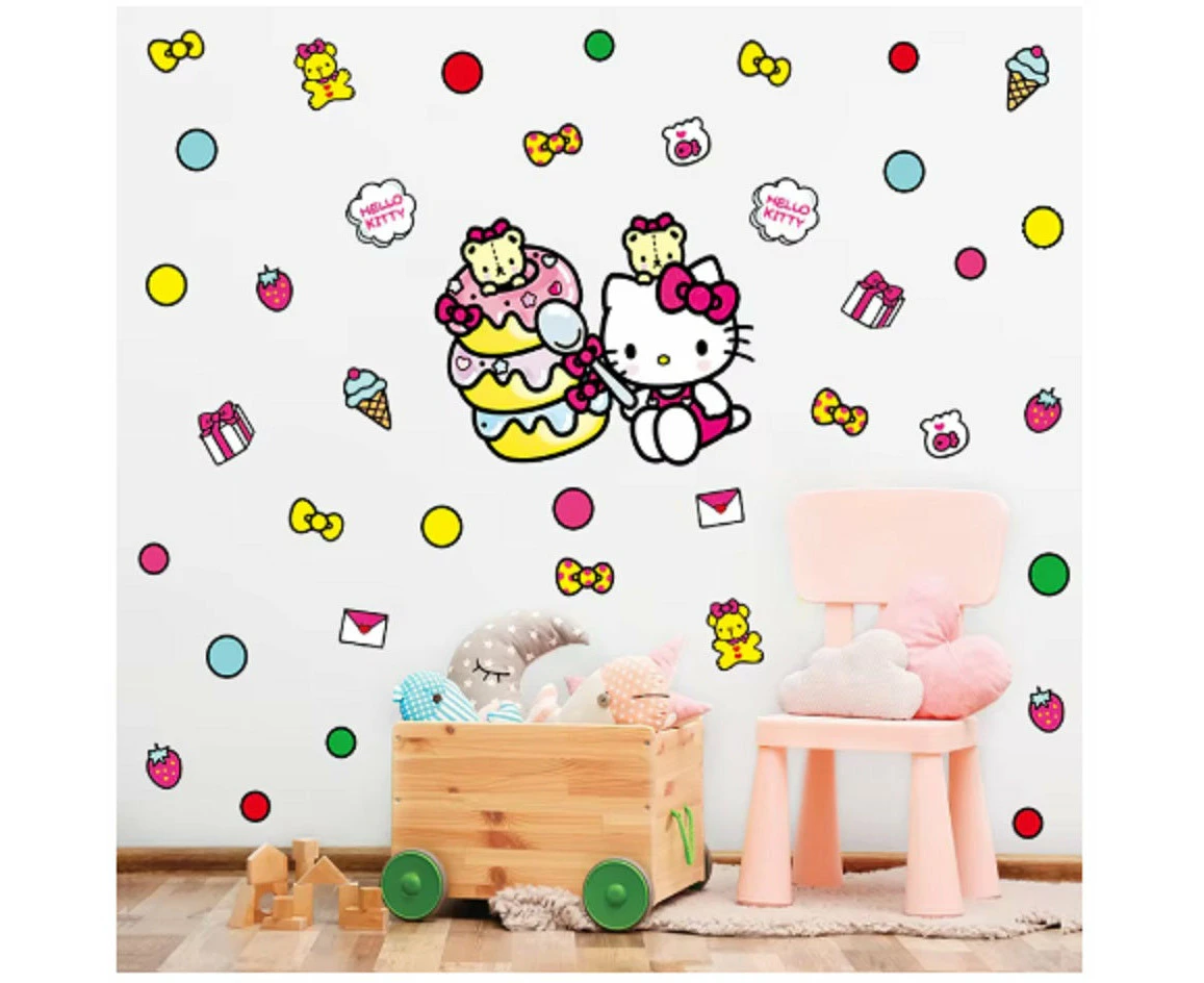 HELLO KITTY CAKE PARTY COLOURFUL WALL STICKER MURAL ART Decal