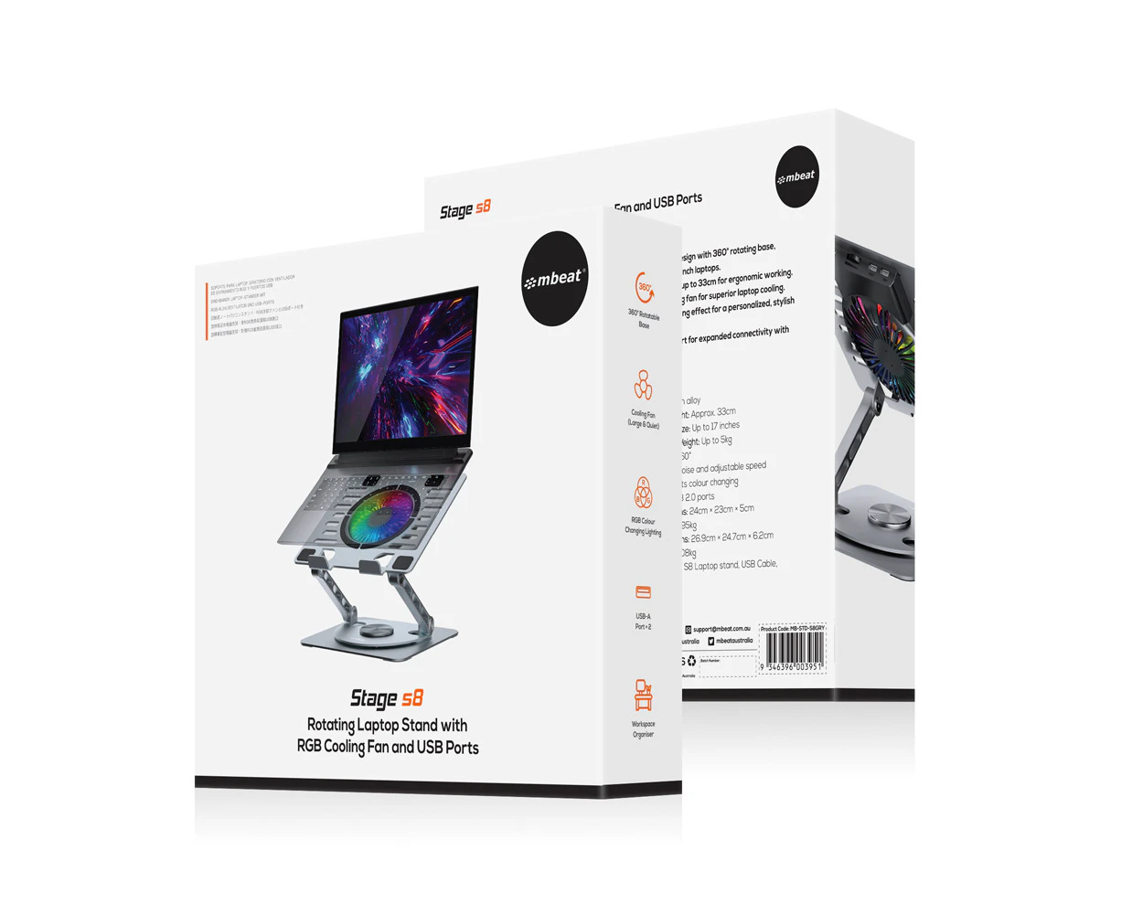 Mbeat Stage S8 Rotating Laptop Stand with RGB Cooling Fan and USB Ports