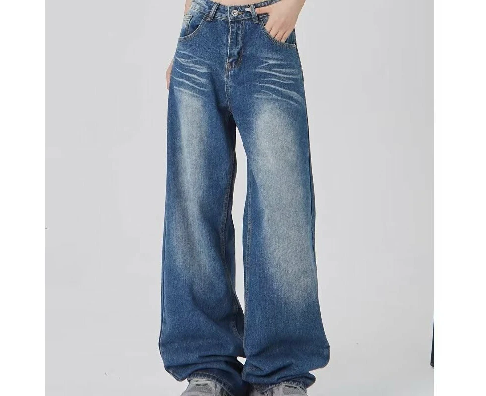 Trendy jeans retro drooping beard texture floor-length wide-leg pants loose straight pants