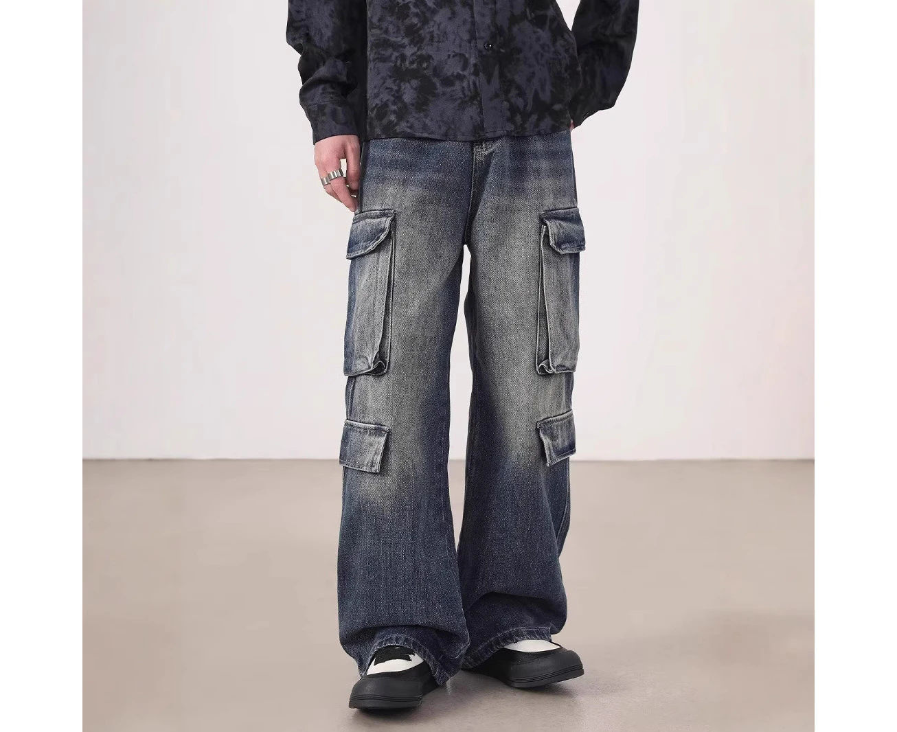 Multi-pocket heavyweight cargo loose wide-leg casual pants