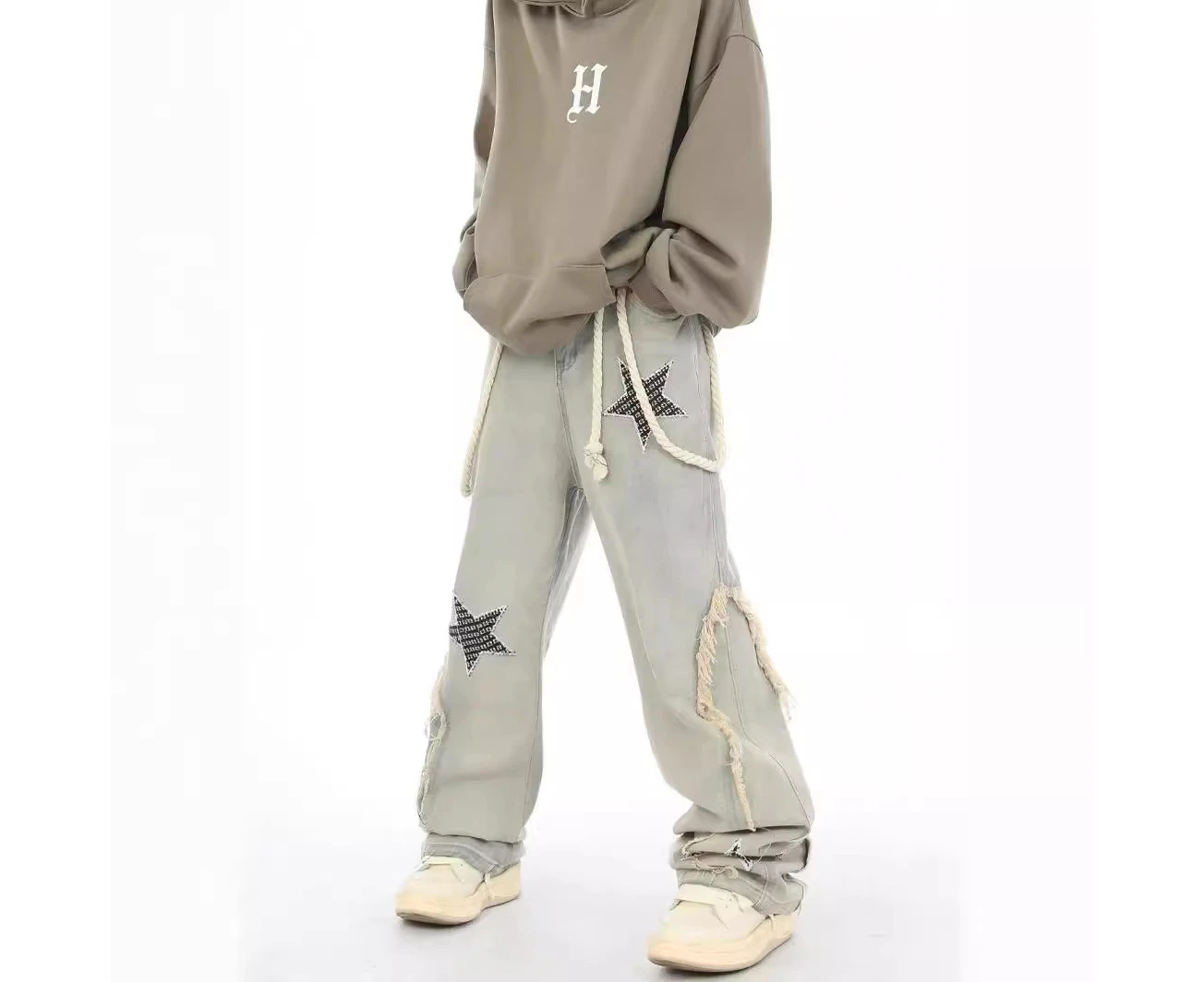 High Street Embroidered Jeans Trendy Retro Loose Straight Star Patch Large Drawstring Casual Pants