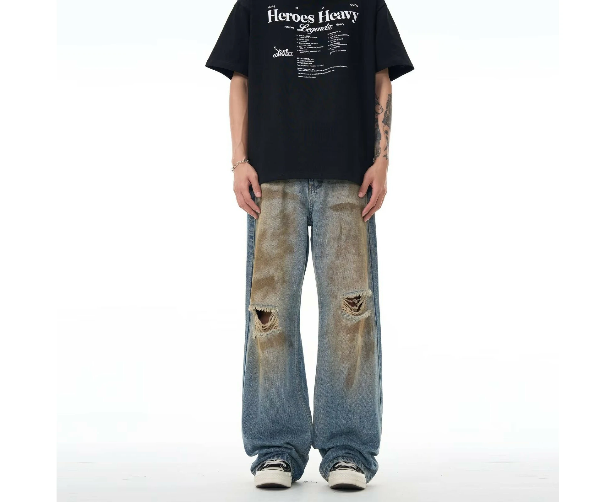 Men's ripped jeans, slightly flared jeans, ripped loose straight pants, tie-dyed beggar pants