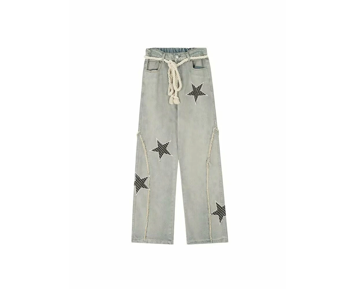 Fashion jeans retro washed star patch embroidery large rope loose straight casual