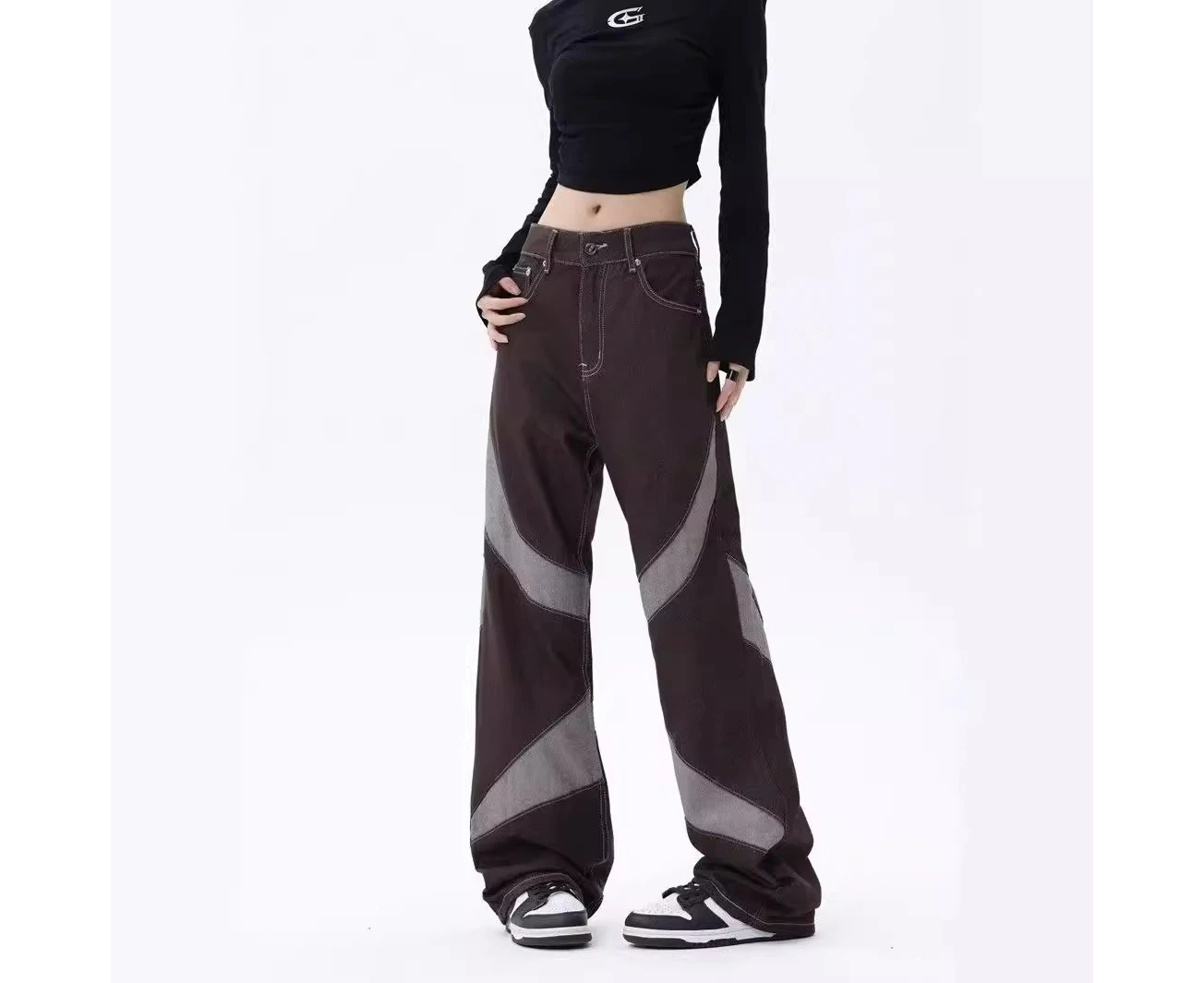 Brown jeans high street print patchwork design striped workwear loose casual trousers