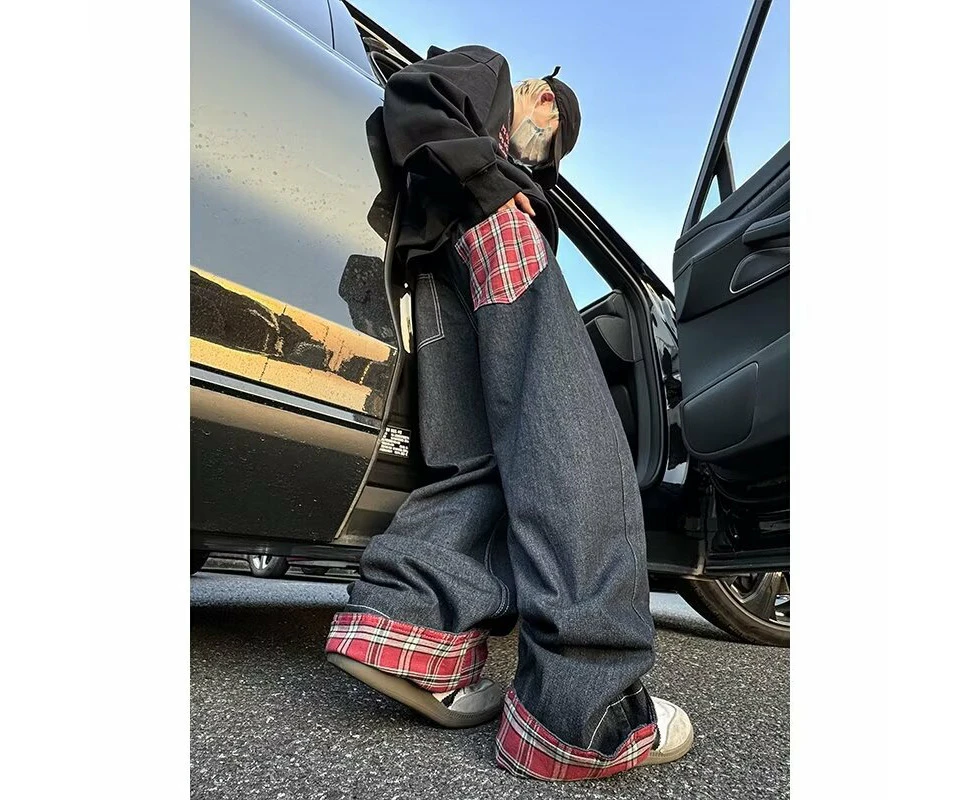 Street Plaid Jeans Splicing Rolled-Up Wide-Leg Loose Straight Pants