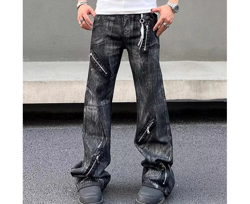 High Street Men's Tie Dye Vintage Washed Loose Zipper Casual Pants Men