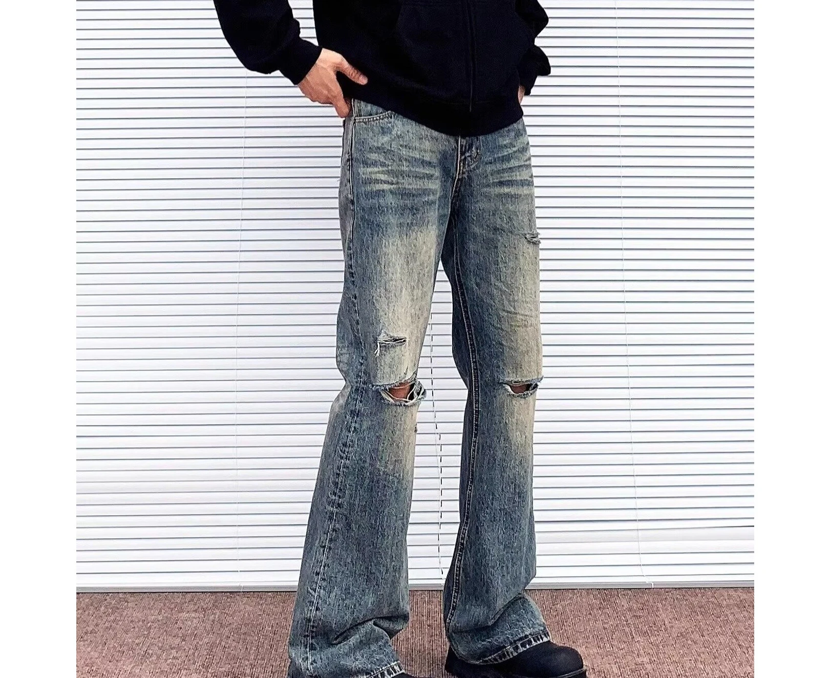 High Street Retro Ripped Jeans Men Washed Loose Straight Pants Men