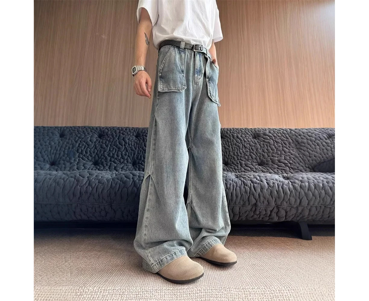 Vintage jeans pleated design stitching workwear loose straight casual pants