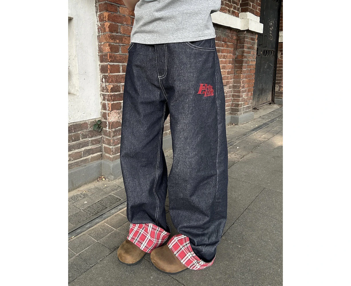 Plaid patchwork rolled-up jeans wide-leg straight loose casual trousers