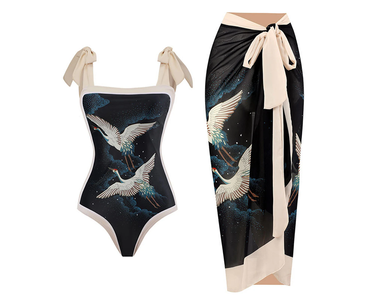 A women's ancient Chinese style black one-piece slim hot spring seaside swimsuit with a wrap skirt