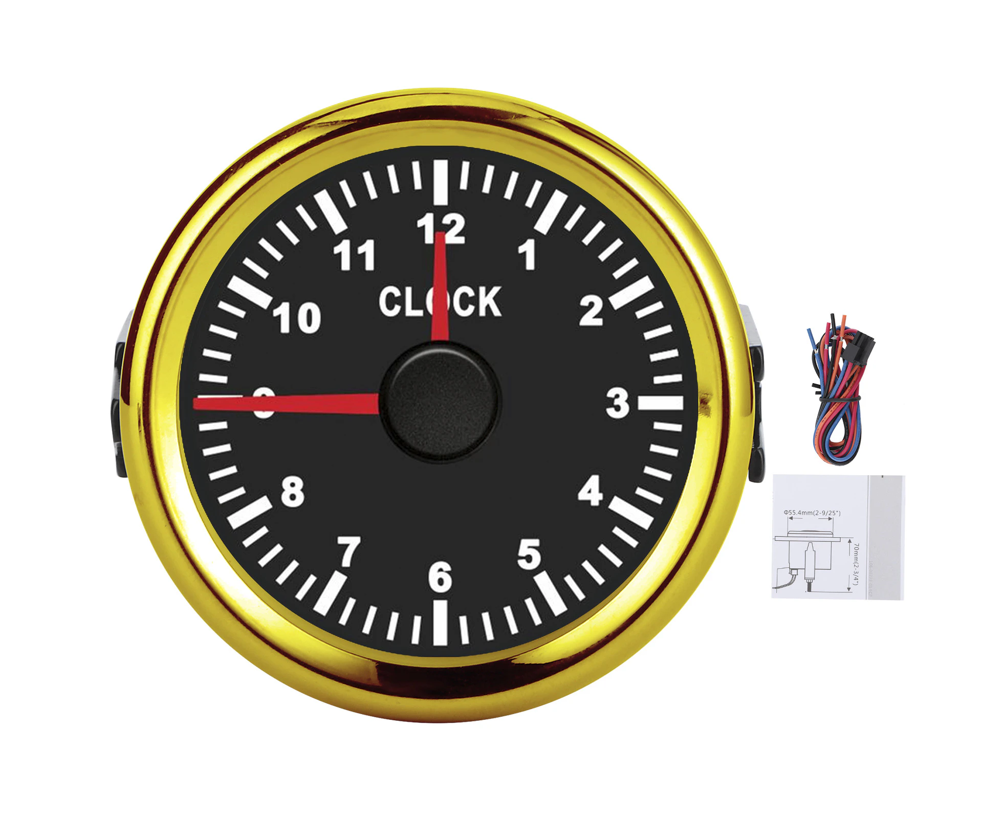 2In Universal Clock Gauge Instrument 0‑12 Hourmeter Red Backlight 12V/24V For Car Boat Yacht Motorcycleblack Dial Gold Frame