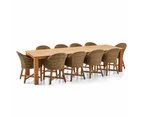 Barbados Outdoor Teak 3m Rectangle Dining table with 10 Coastal Wicker Chairs - Outdoor Teak Dining Settings - Brushed Wheat