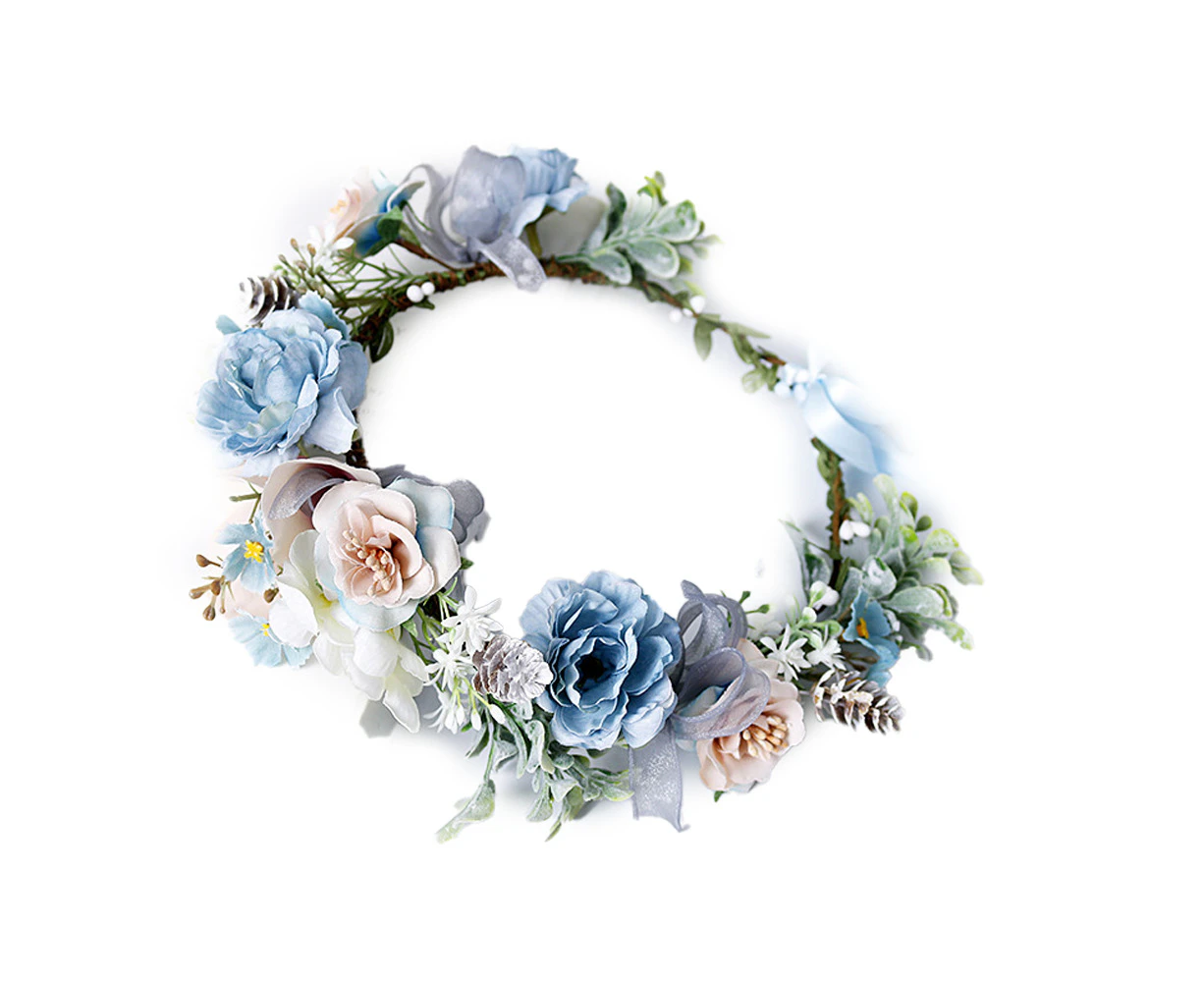 Boho Flower Headband Hair Wreath Floral Garland Crown Halo Headpiece with Ribbon Wedding Festival Party