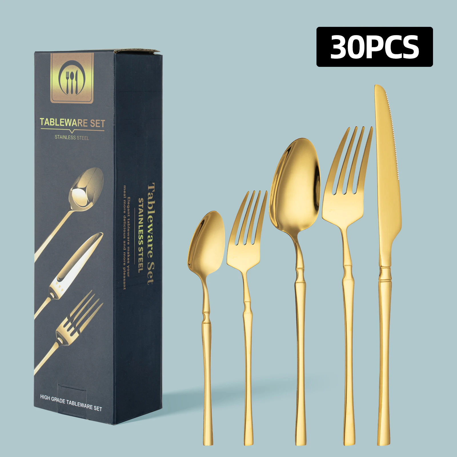 30 Piece Cutlery Set Gold Stainless Steel Dinner Steak Knife Fork Soup Spoon Tableware Boxed Gift