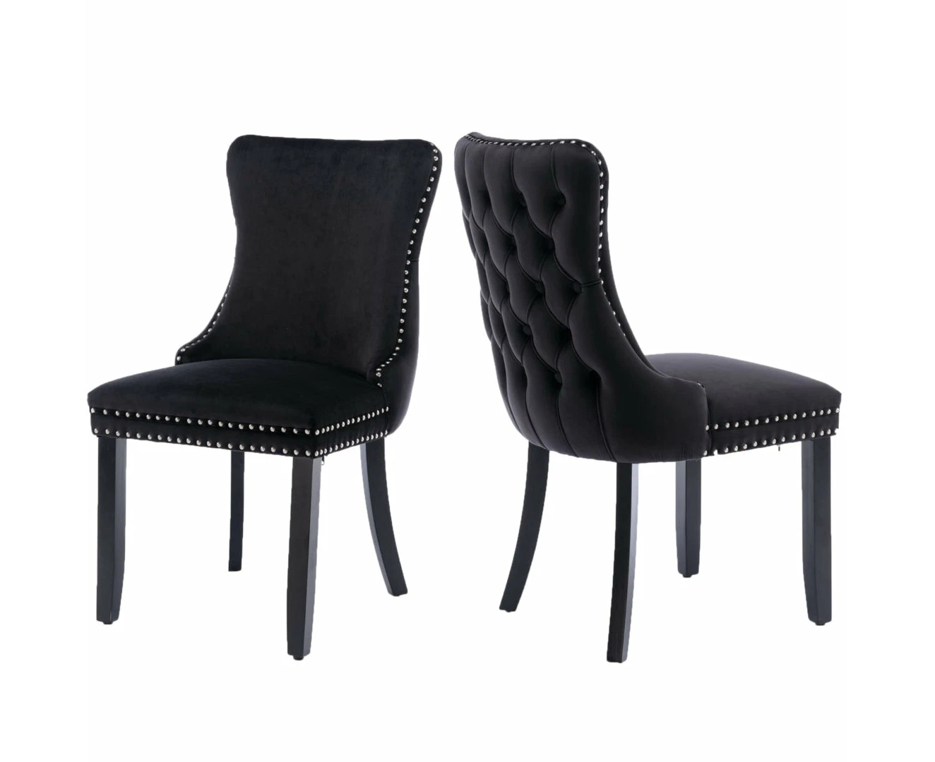 Dining Chairs 2X Velvet Upholstered Tufted Wingback Side With Studs Trim Solid Wood Legs For Kitchen