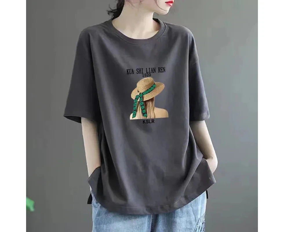 Cotton 2024 Summer New Plus Size Women's T-Shirt Short Sleeve Loose Fat Mm Covering Flesh High-End Thin Top Ins Tide