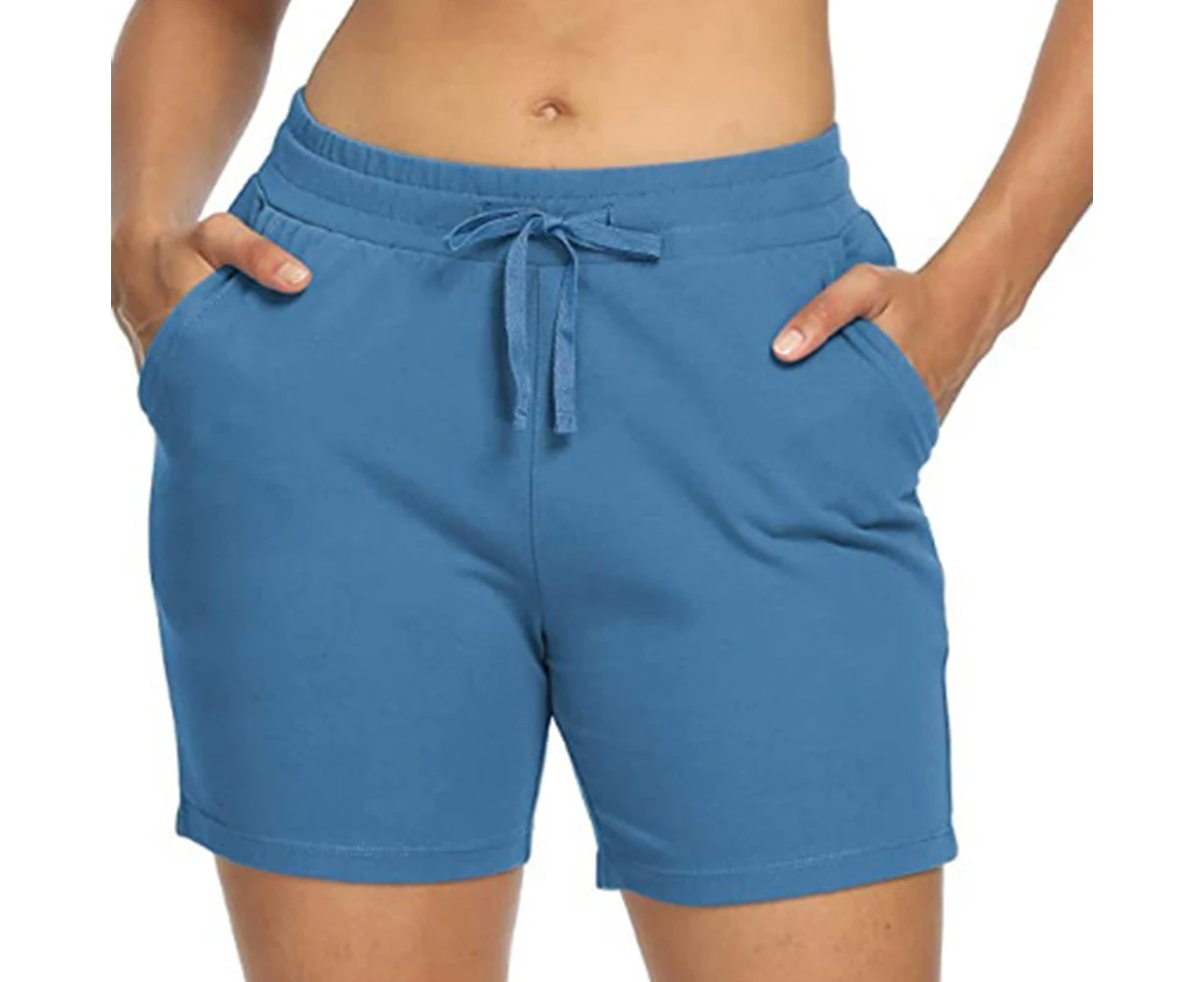 Summer women's solid color close-fitting pocket waist drawcord adjustable Shorts