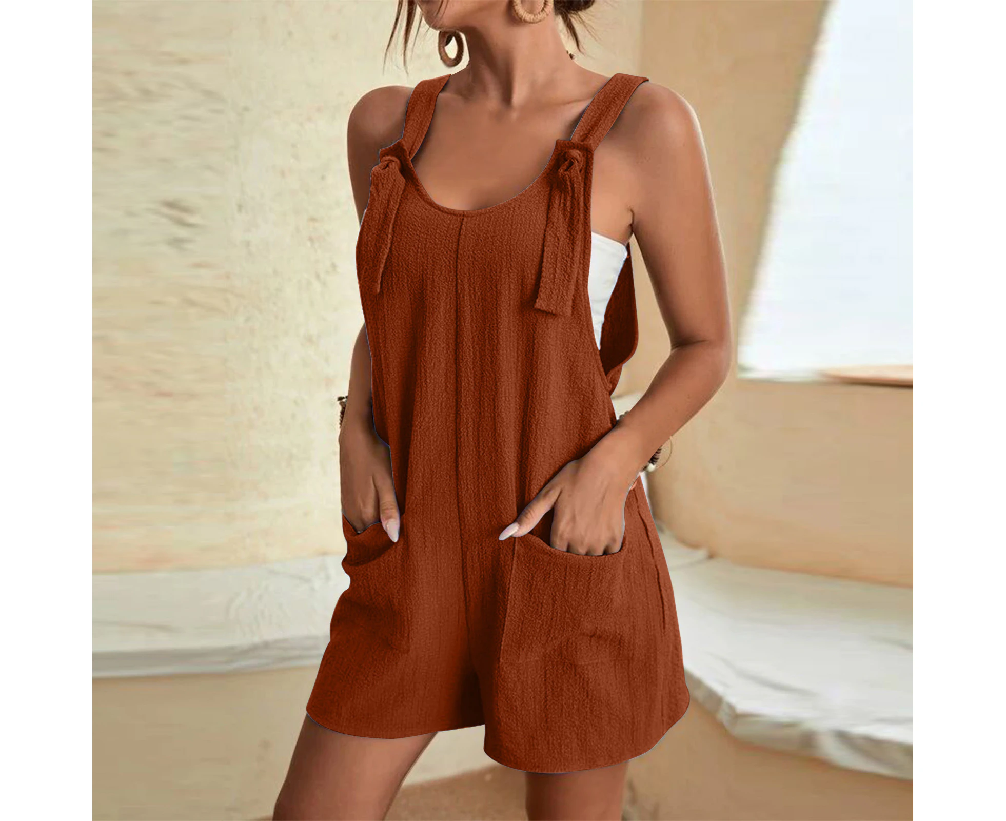 Women's Summer Casual Sleeveless Rompers Loose Fit Spaghetti Strap Shorts Jumpsuit Beach Cover Up with Pockets