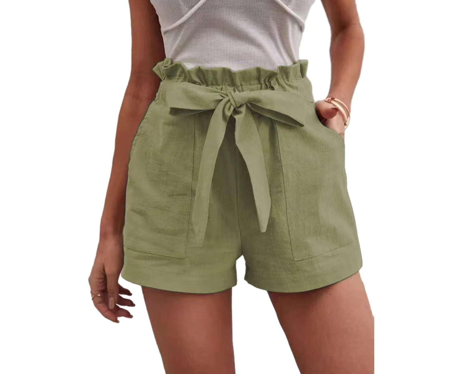 Women's casual summer butterfly strap knot pleated belt elastic Shorts with pockets