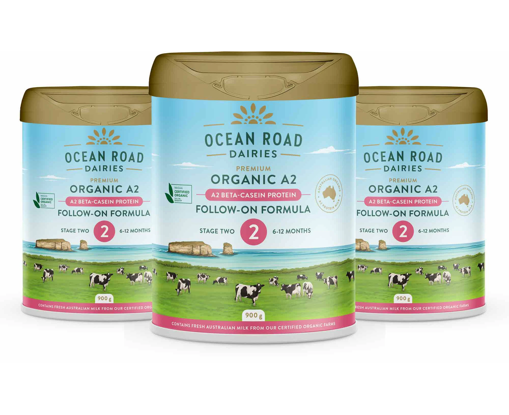 3 x Ocean Road Dairies Organic A2 Protein Stage 2 Follow-On Formula for 6 to 12 Months Babies, 900g