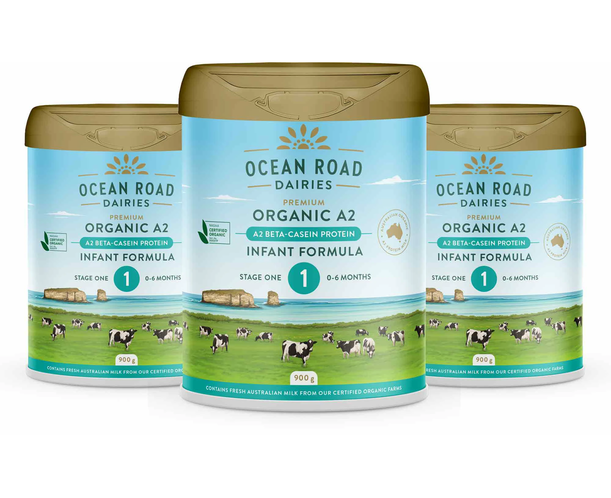 3 x Ocean Road Dairies A2 Organic Infant Formula Stage 1 (0-6 Mths) 900g