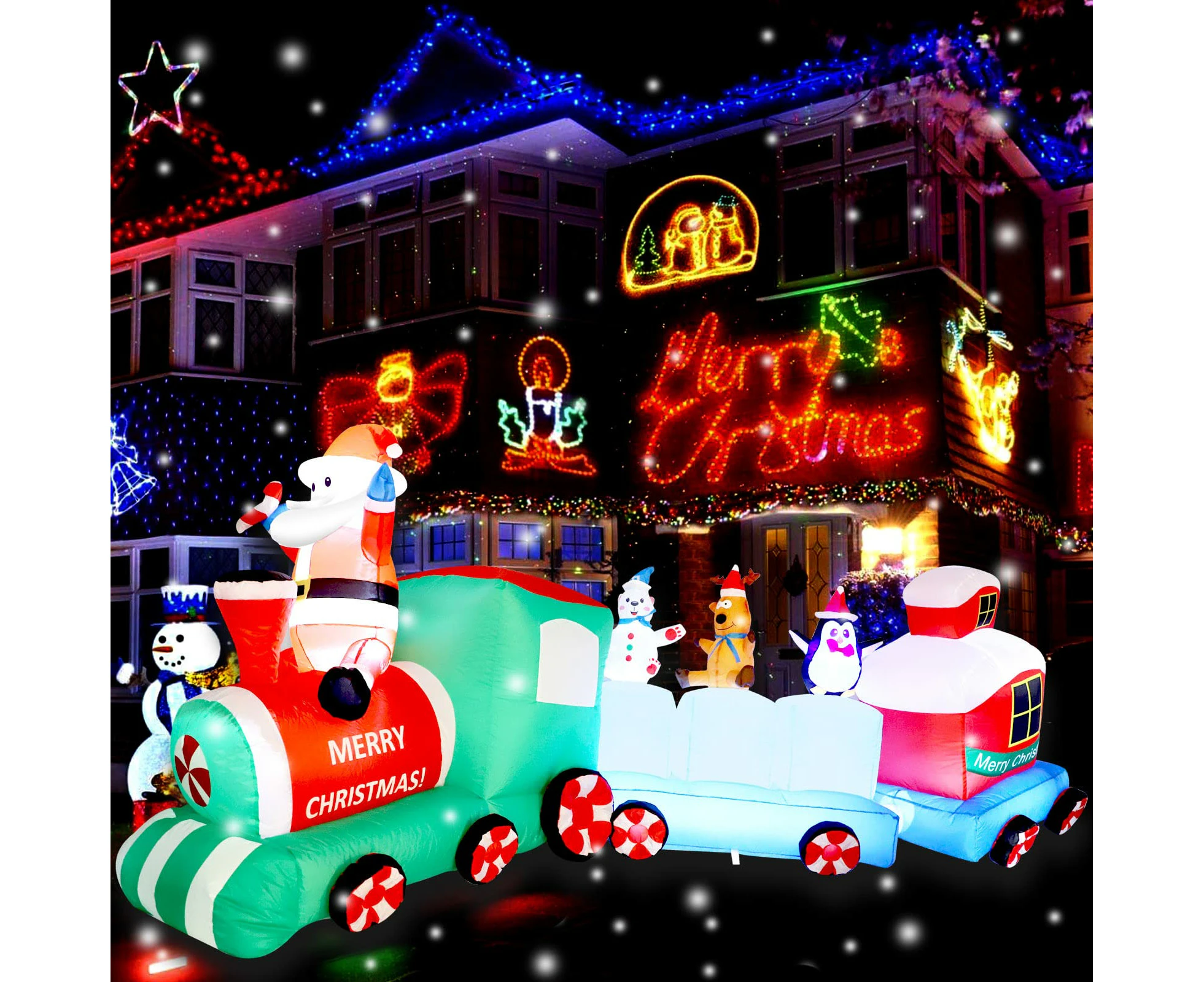 270cm Christmas Inflatable Decoration, Christmas Train and Santa Penguin Inflatable Toy, Built-in LED Light