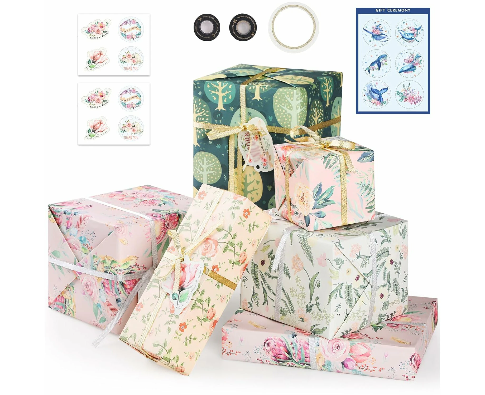 6 Sheets Gift Wrapping Paper Set Recycled 70 * 50Cm Floral Print Gift Decorative Paper For Christmas Birthday Valentine'S Day Mother'S Day Holiday