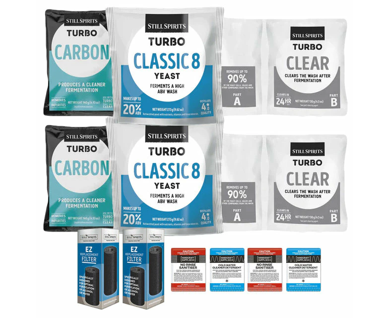 2x Turbo 500 Classic 8 Batch Pack: 2x Still Spirits Classic 8 Yeast, 2x Turbo Carbon, 2x Turbo Clear, 2x EZ Filter, 2x Cold Water Detergent & 2x No-Rins...