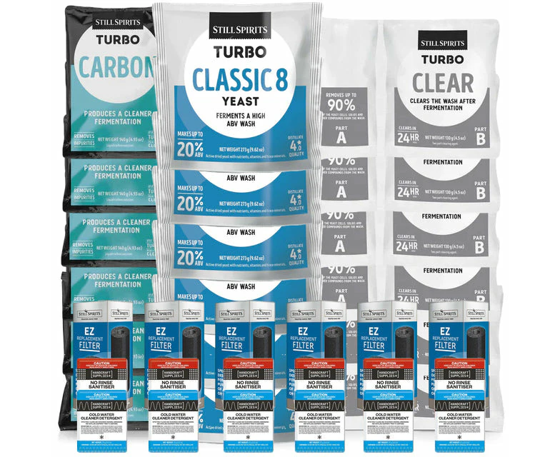 6x Turbo 500 Classic 8 Batch Pack: 6x Still Spirits Classic 8 Yeast, 6x Turbo Carbon, 6x Turbo Clear, 6x EZ Filter, 6x Cold Water Detergent & 6x No-Rins...