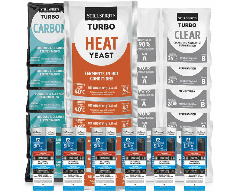 6x Turbo 500 Heat Yeast Batch Pack: 6x Still Spirits Heat Yeast, 6x Turbo Carbon, 6x Turbo Clear, 6x EZ Filter, 6x Cold Water Detergent & 6x No-Rinse Sa...