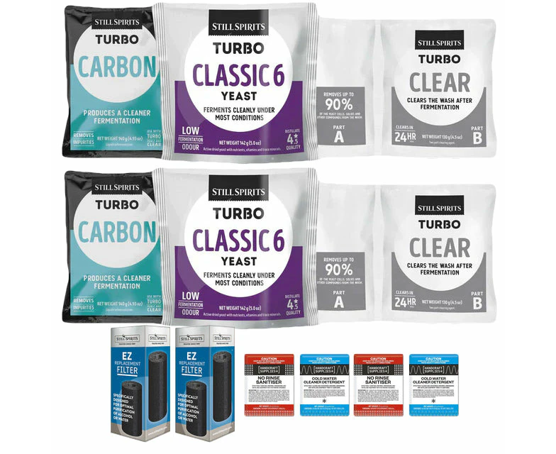 2x Turbo 500 Classic 6 Batch Pack: 2x Still Spirits Classic 6 Yeast, 2x Turbo Carbon, 2x Turbo Clear, 2x EZ Filter, 2x Cold Water Detergent & 2x No-Rins...