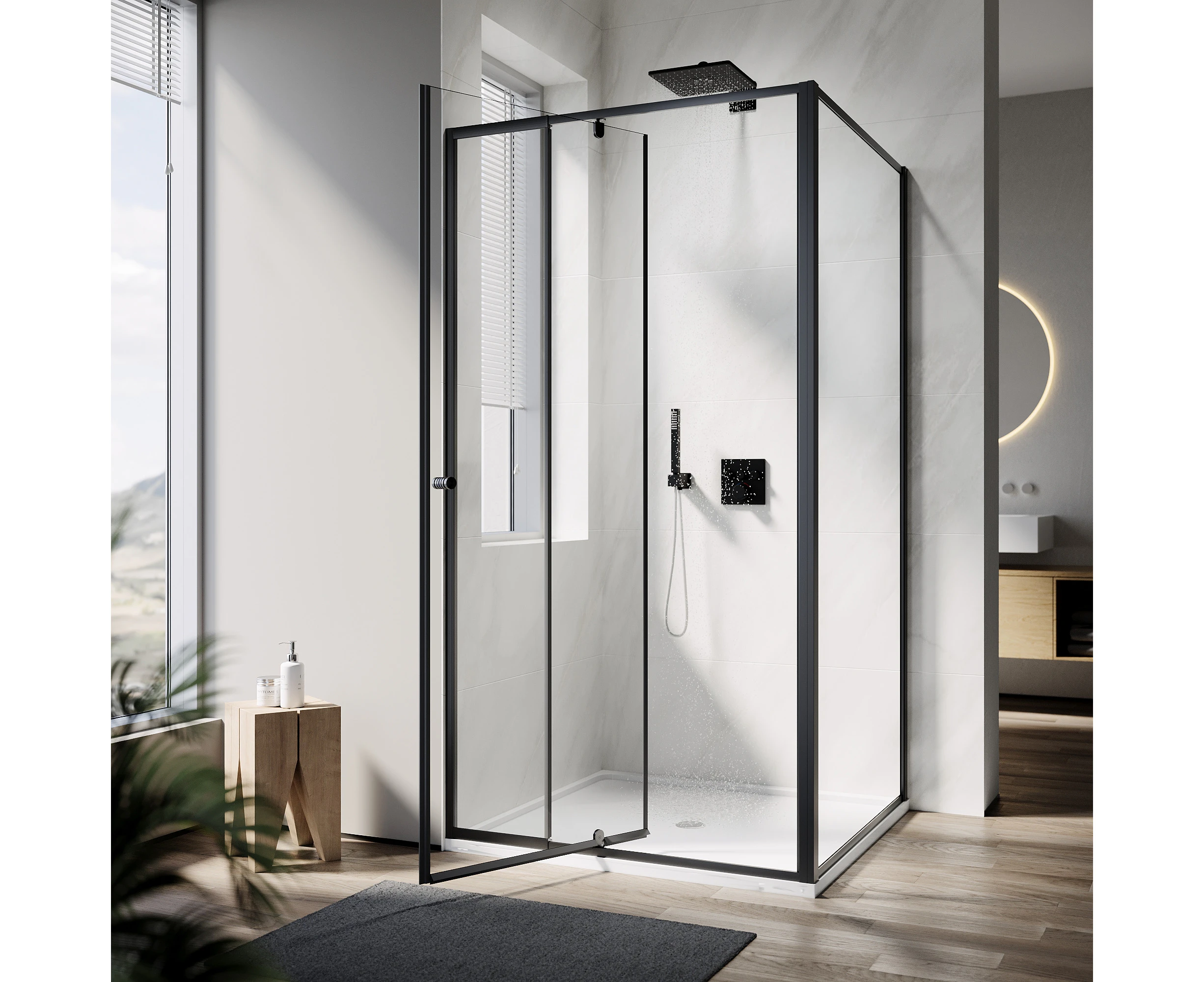 ELEGANT Matte Black Framed Shower Enclosure Pivot Shower Door Adjustable Size 1000x1000mm Shower Screen