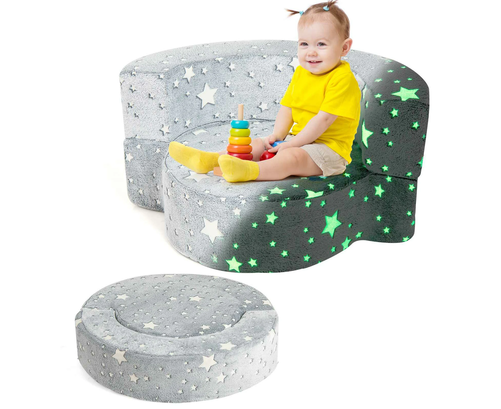 Costway Glow In The Dark Two In One Luminous Foldable Sofa w/Removable & Washable Cover Convertible Sofa to Play Mat Grey