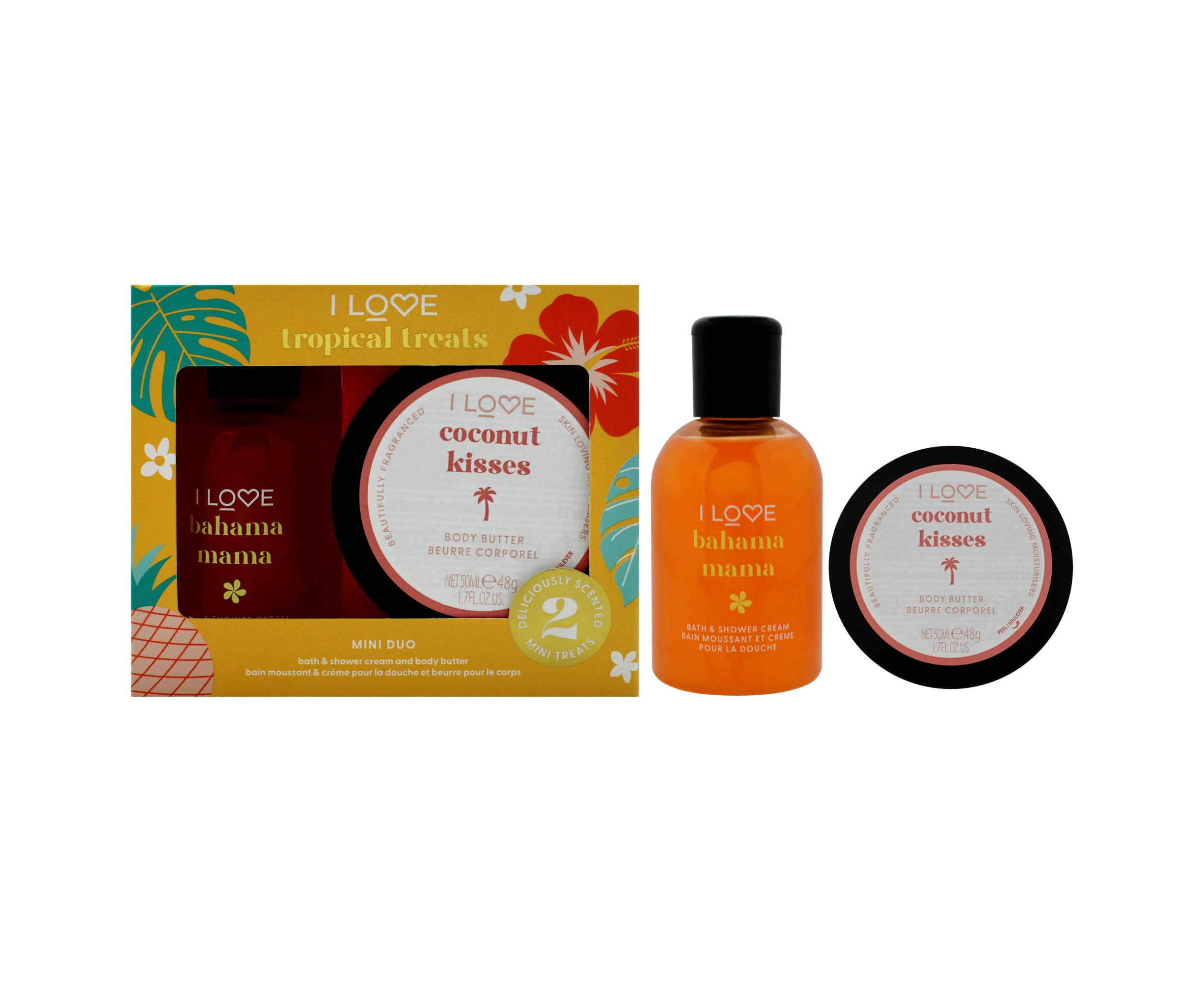 I Love Troipcal Treat Mini Duo by I Love Cosmetics for Unisex - 2 Pc 3.4oz Bahama Mama Bath and Shower Creme, 1.7oz Coconut Kisses Body Butter