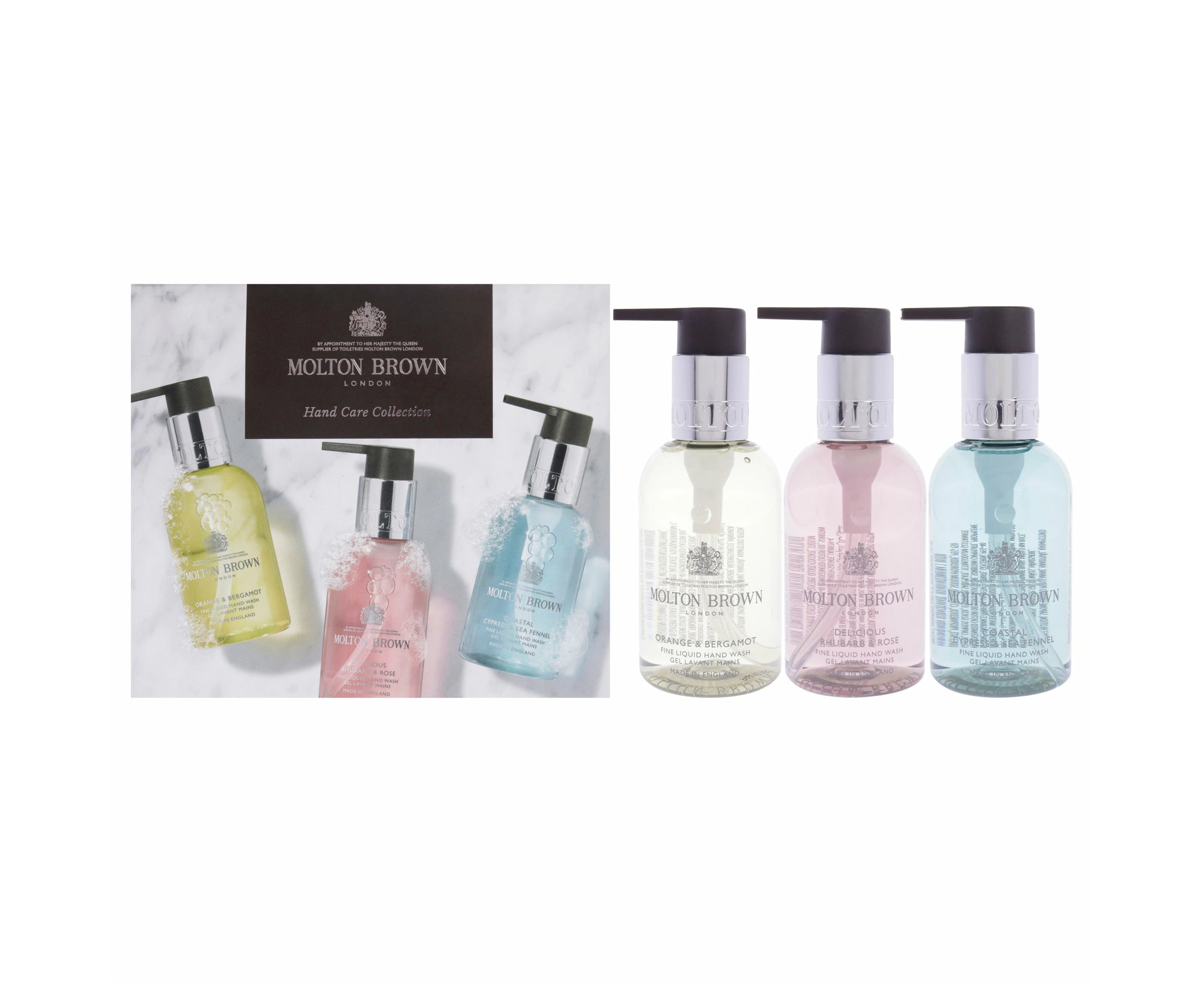 Floral and Aromatic Hand Care Collection Set by Molton Brown for Unisex - 3 Pc 3.3oz Orange and Bergamot Hand Wash, 3.3oz Delicious Rhubare and Rose Han...