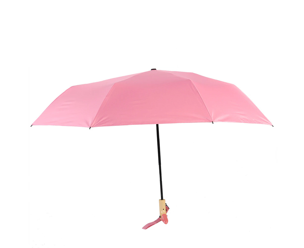 Lovely Durable Rainy Sunny Folding Umbrella With Cute Wooden Duck Head Handle(Pink)