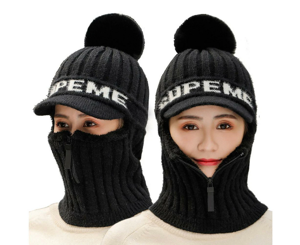 Winter Knitted Hat Scarf Set Beanie Zip Scarf Earflap Fleece Lined Ski  With Pompom Windproof Thermal Hat Neck Warmer For Women Men Skiing Cycling