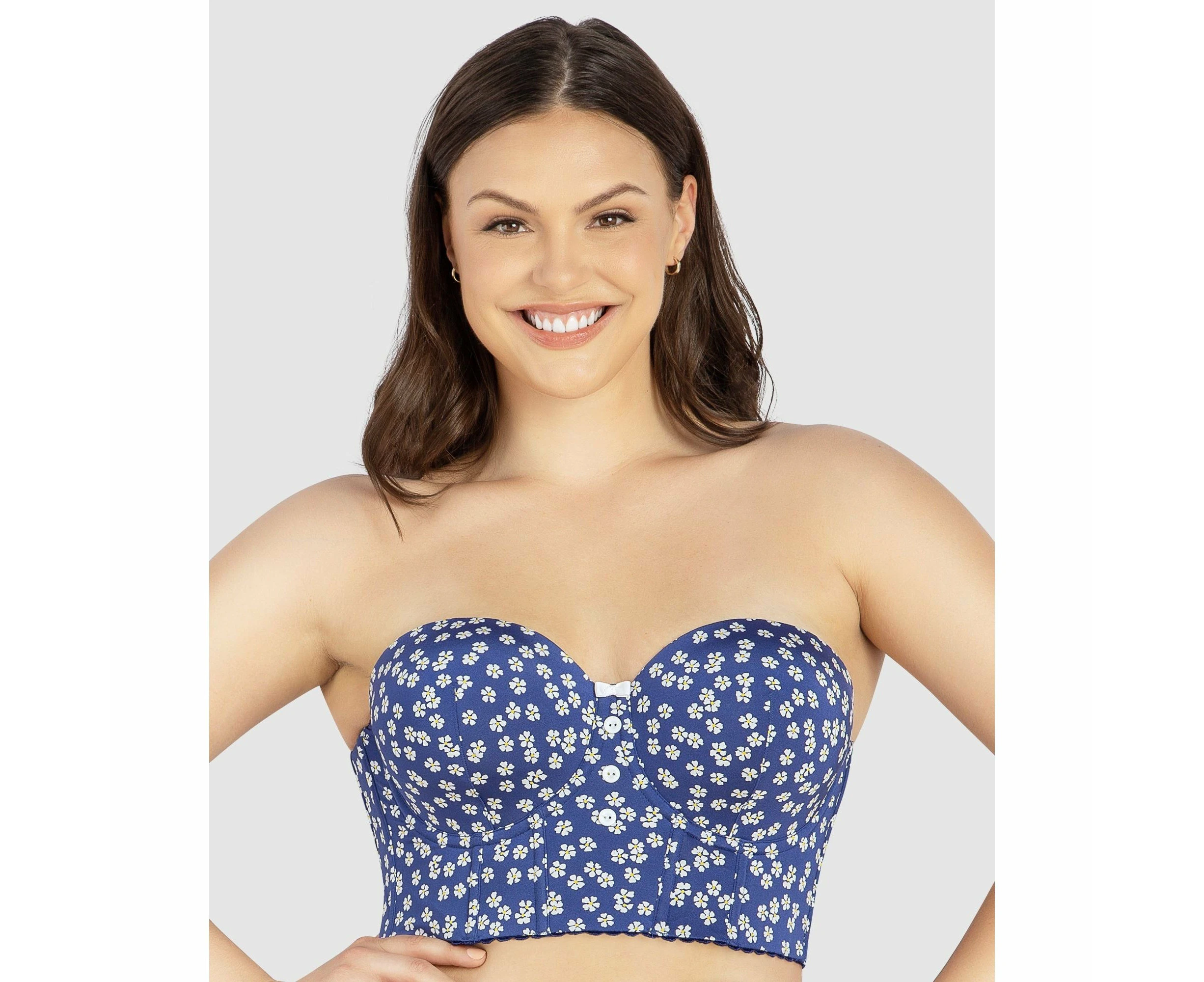 Parfait Dolly Strapless Longline Denim Bustier Bra in Blue Daisy