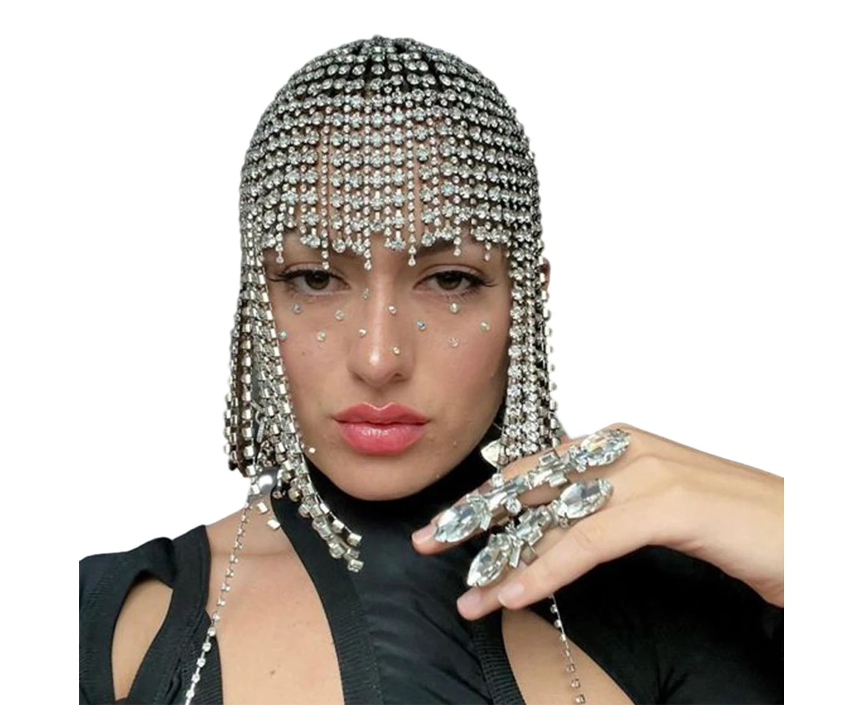 ✪ Exaggerated long tassel hair chain nightclub stage performance rhinestone hair accessories headdress - silver - Silver