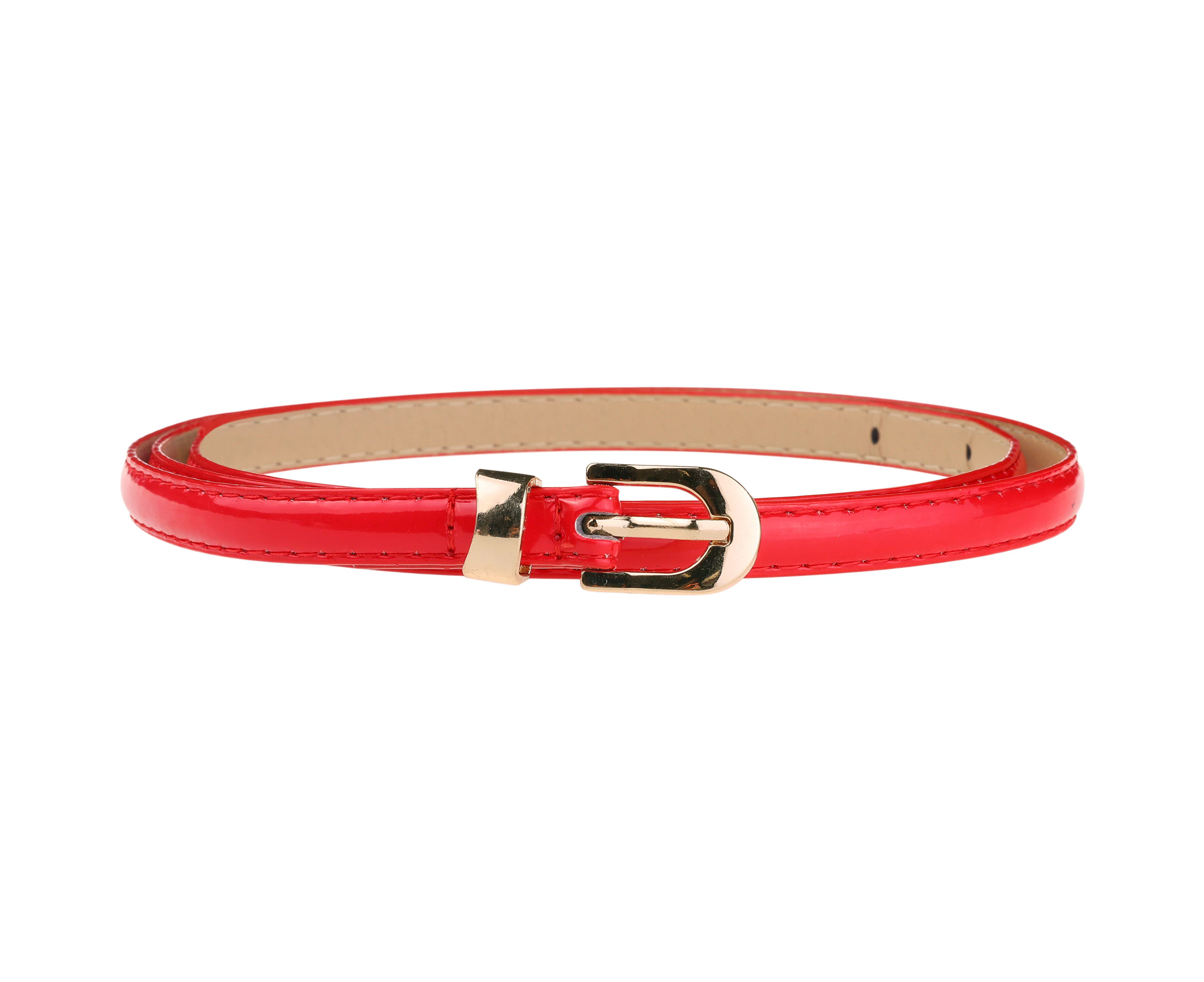 Elerevyo Skinny PU Leather Gold Metal Buckle Belt Red